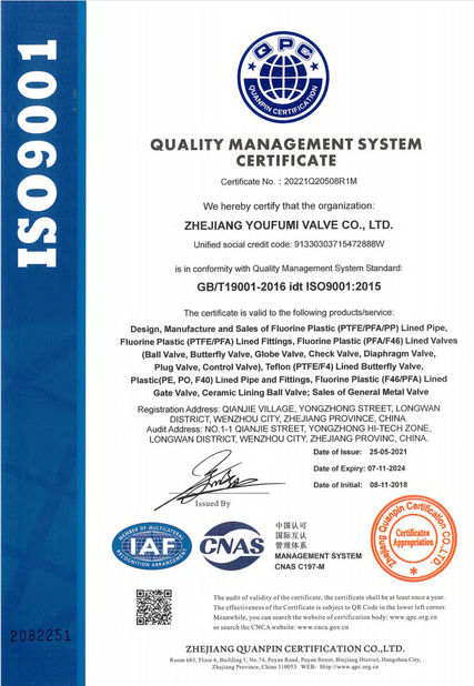China Zhejiang Youfumi Valve Co., Ltd. certificaciones