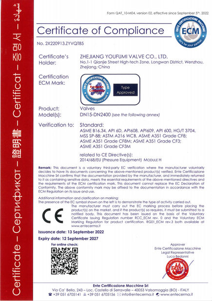 China Zhejiang Youfumi Valve Co., Ltd. certificaciones